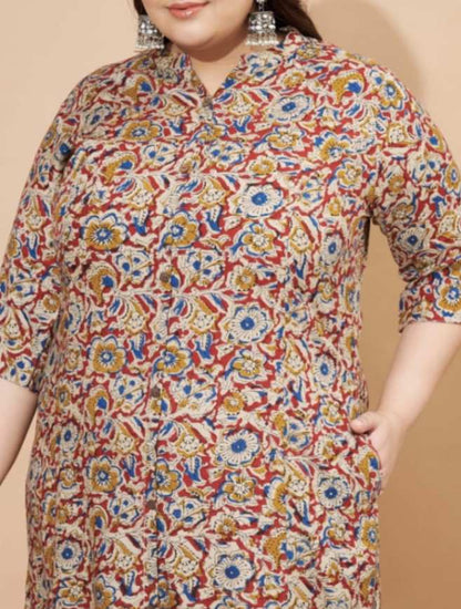 Plus Size Mustard Floral Printed Rayon Straight Kurta \ Only Top [ Export Quality ]