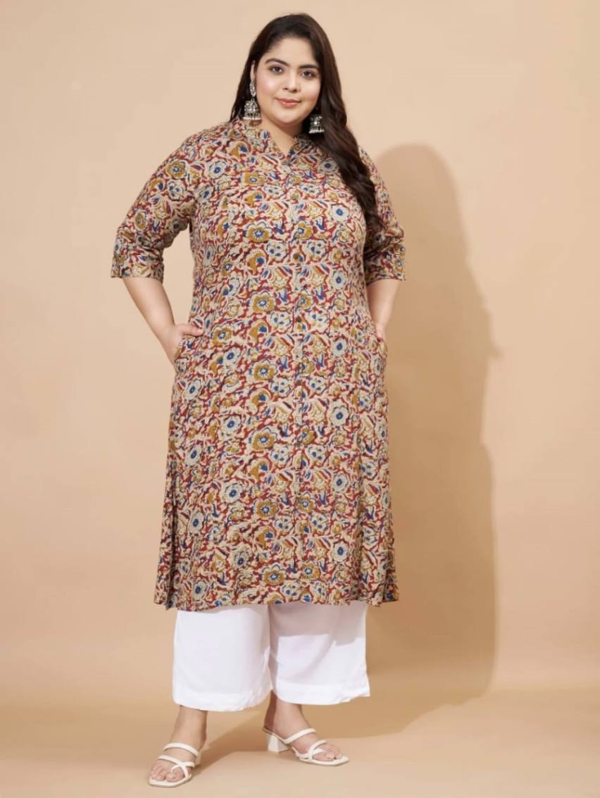Plus Size Mustard Floral Printed Rayon Straight Kurta \ Only Top [ Export Quality ]