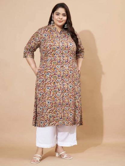 Plus Size Mustard Floral Printed Rayon Straight Kurta \ Only Top [ Export Quality ]