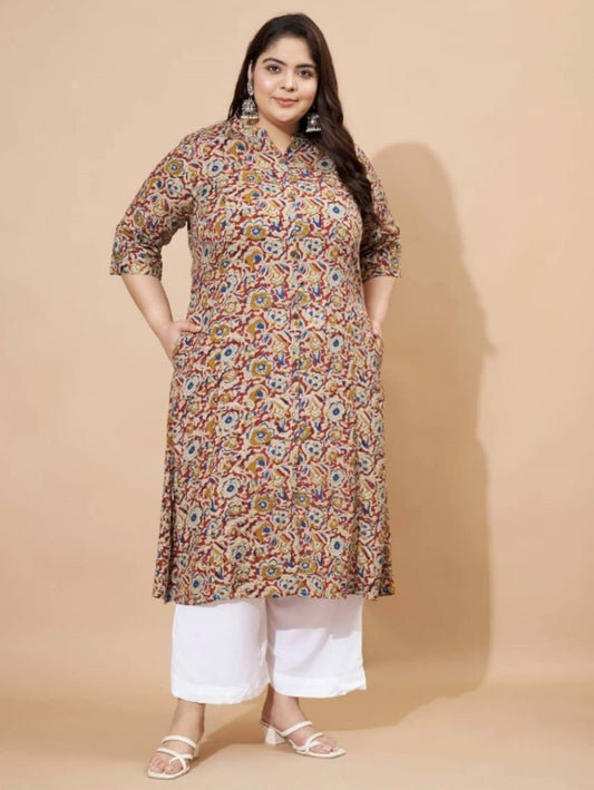 Plus Size Mustard Floral Printed Rayon Straight Kurta \ Only Top [ Export Quality ]
