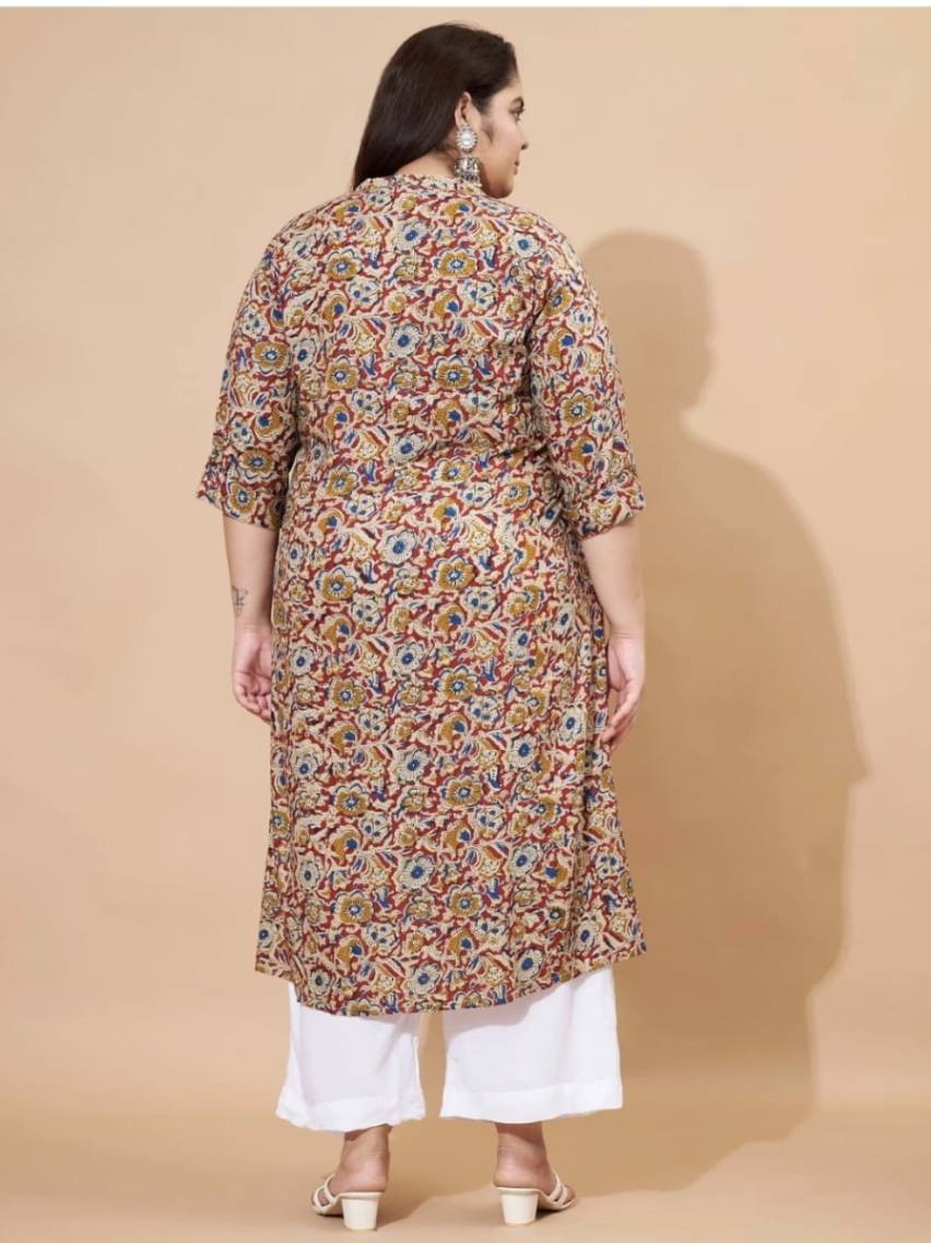 Plus Size Mustard Floral Printed Rayon Straight Kurta \ Only Top [ Export Quality ]