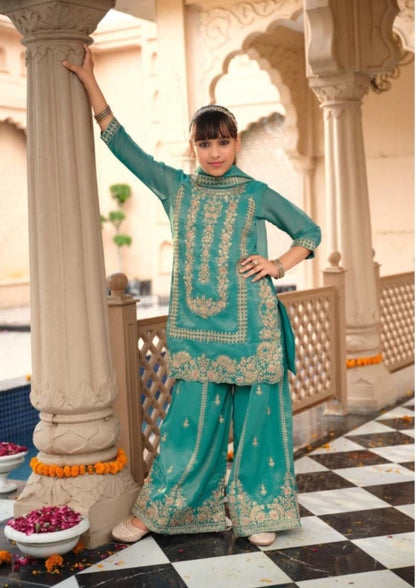 Kids Wear- Girls Shimer Silk Embroidered Sharara Suit Set with Dupatta [ Export Quality ]