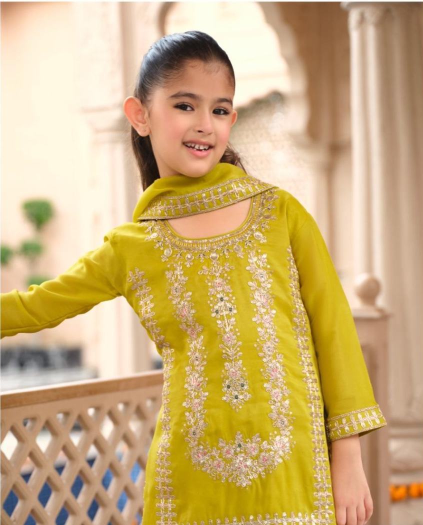 Kids Wear- Girls Shimer Silk Embroidered Sharara Suit Set with Dupatta [ Export Quality ]