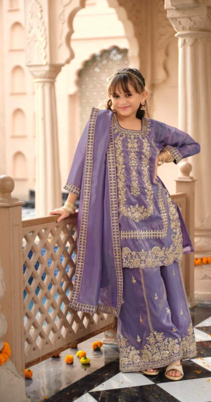 Kids Wear- Girls Shimer Silk Embroidered Sharara Suit Set with Dupatta [ Export Quality ]