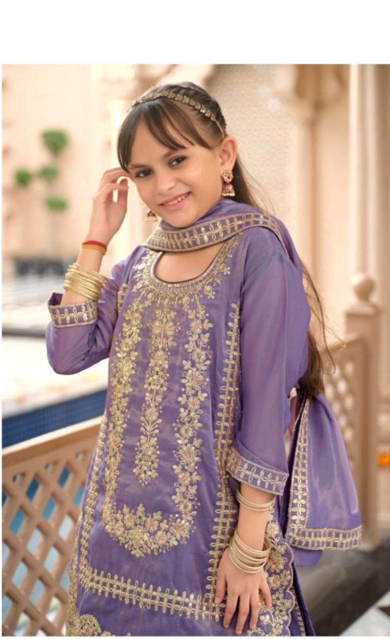 Kids Wear- Girls Shimer Silk Embroidered Sharara Suit Set with Dupatta [ Export Quality ]