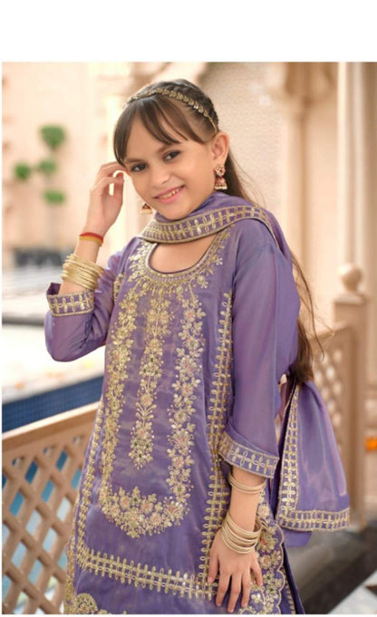 Kids Wear- Girls Shimer Silk Embroidered Sharara Suit Set with Dupatta [ Export Quality ]