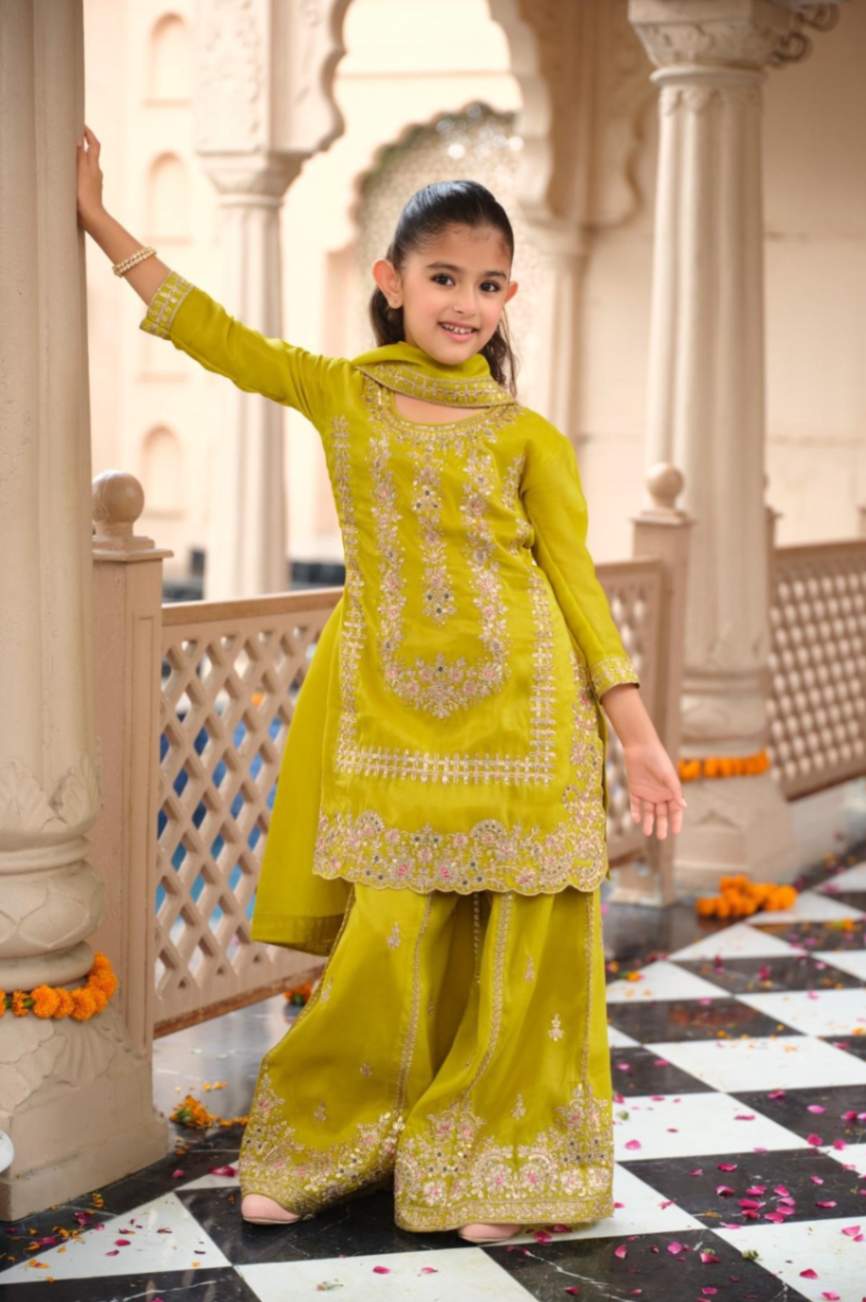 Kids Wear- Girls Shimer Silk Embroidered Sharara Suit Set with Dupatta [ Export Quality ]
