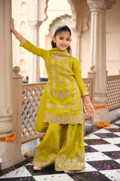 Kids Wear- Girls Shimer Silk Embroidered Sharara Suit Set with Dupatta [ Export Quality ]