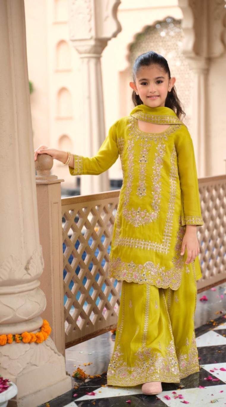 Kids Wear- Girls Shimer Silk Embroidered Sharara Suit Set with Dupatta [ Export Quality ]