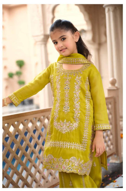 Kids Wear- Girls Shimer Silk Embroidered Sharara Suit Set with Dupatta [ Export Quality ]