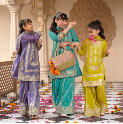 Kids Wear- Girls Shimer Silk Embroidered Sharara Suit Set with Dupatta [ Export Quality ]