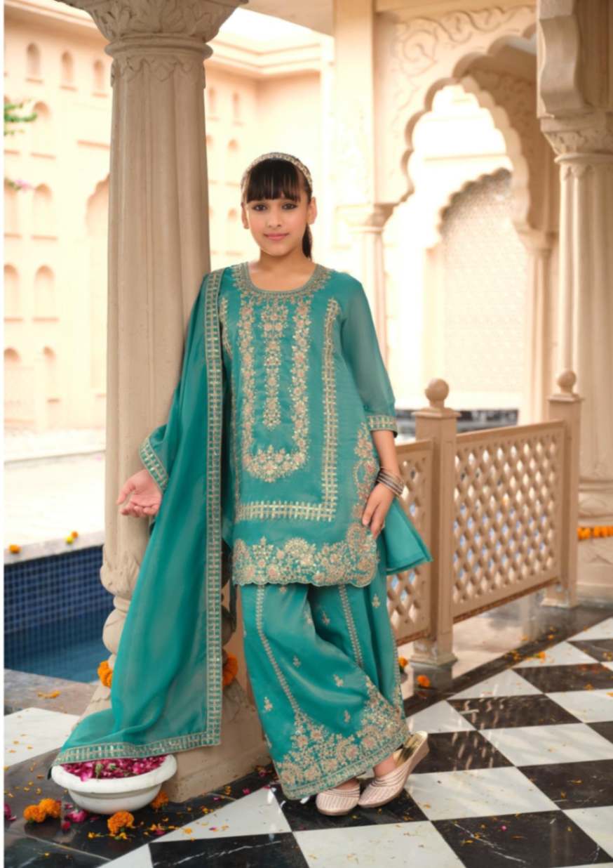 Kids Wear- Girls Shimer Silk Embroidered Sharara Suit Set with Dupatta [ Export Quality ]