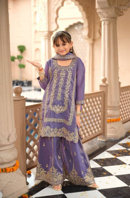 Kids Wear- Girls Shimer Silk Embroidered Sharara Suit Set with Dupatta [ Export Quality ]