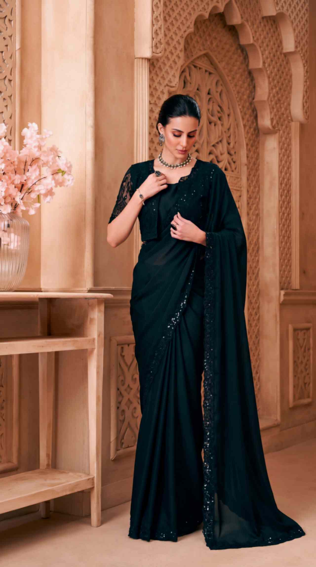 Black Satin Georgette Saree with Sequins Jacket Style Blouse Piece [ Export Quality ]