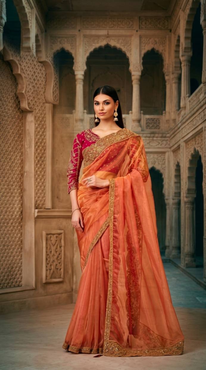 Peach Georgette Silk Saree with Brocade Designer Blouse Piece [ Export Quality ]