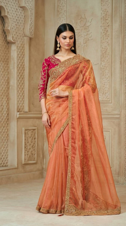 Peach Georgette Silk Saree with Brocade Designer Blouse Piece [ Export Quality ]