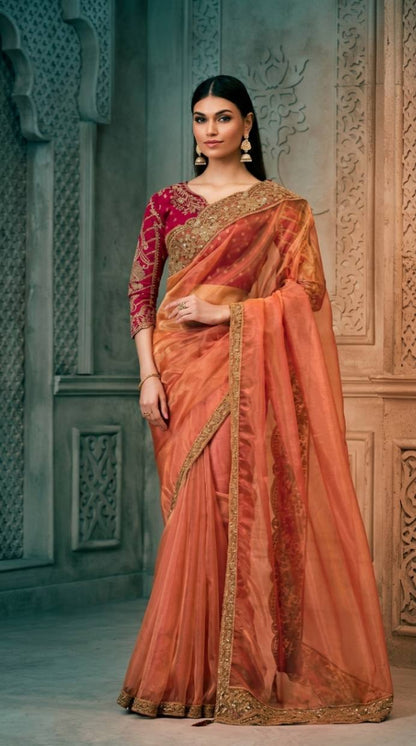 Peach Georgette Silk Saree with Brocade Designer Blouse Piece [ Export Quality ]