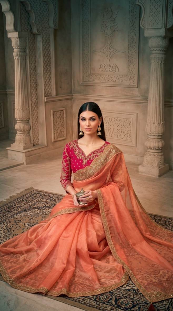 Peach Georgette Silk Saree with Brocade Designer Blouse Piece [ Export Quality ]
