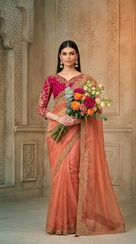 Peach Georgette Silk Saree with Brocade Designer Blouse Piece [ Export Quality ]