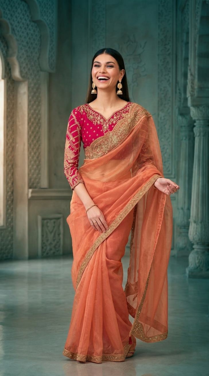 Peach Georgette Silk Saree with Brocade Designer Blouse Piece [ Export Quality ]
