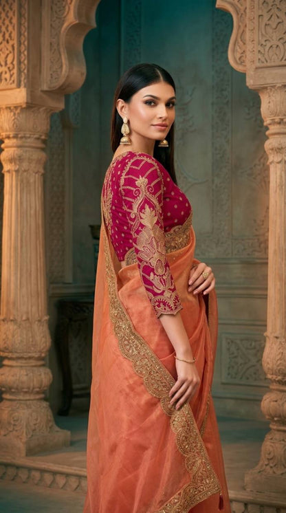 Peach Georgette Silk Saree with Brocade Designer Blouse Piece [ Export Quality ]
