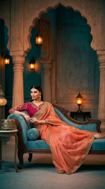 Peach Georgette Silk Saree with Brocade Designer Blouse Piece [ Export Quality ]