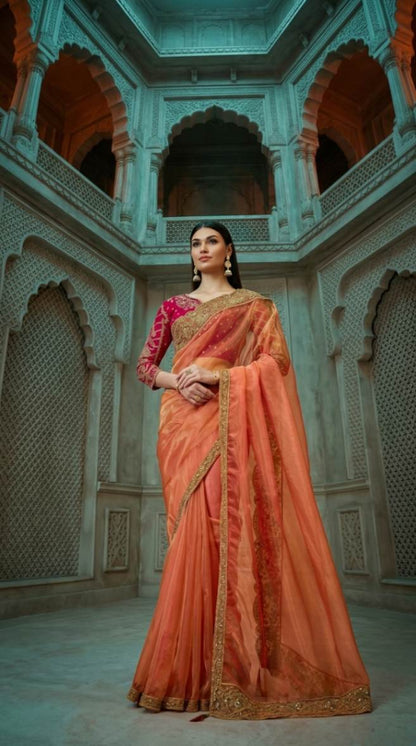 Peach Georgette Silk Saree with Brocade Designer Blouse Piece [ Export Quality ]