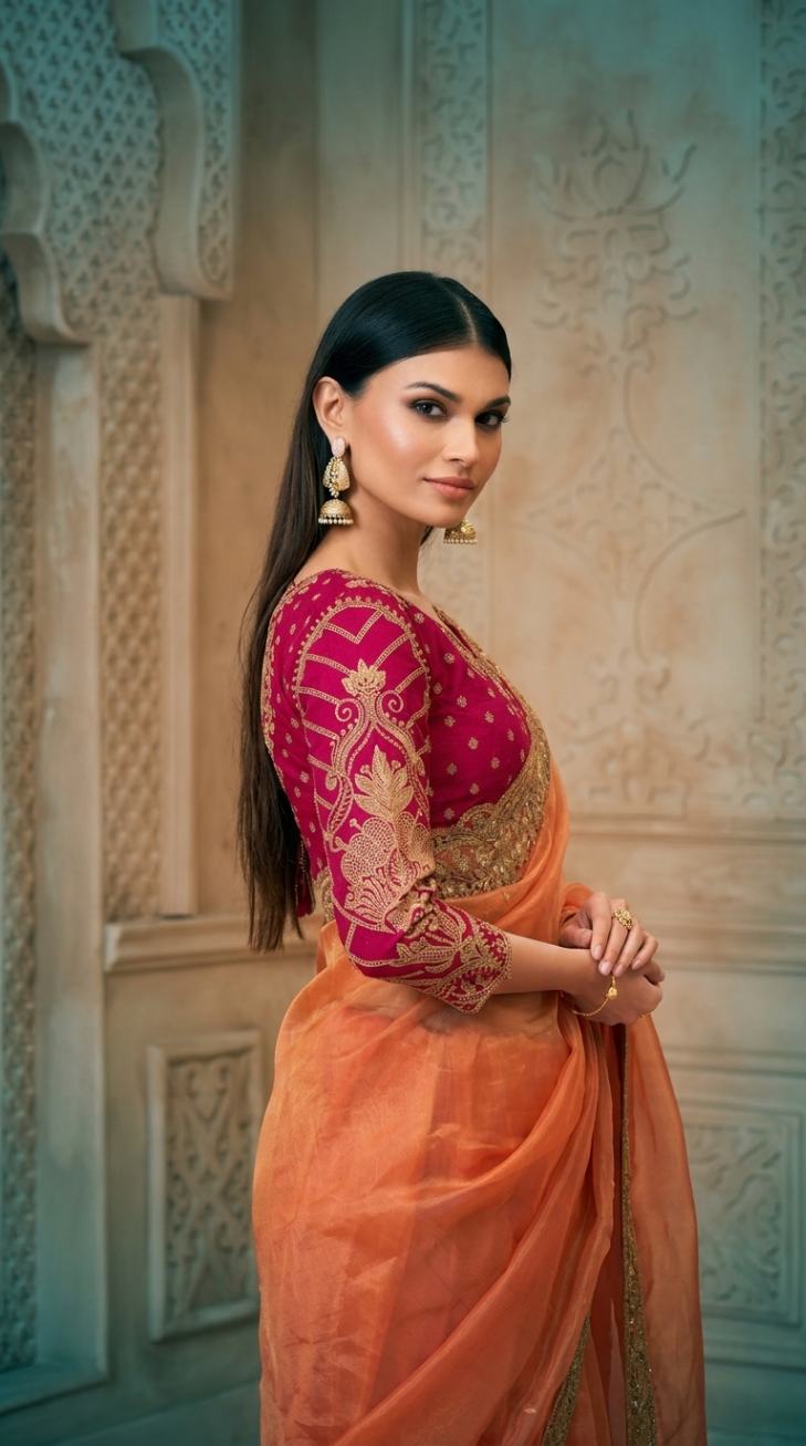 Peach Georgette Silk Saree with Brocade Designer Blouse Piece [ Export Quality ]