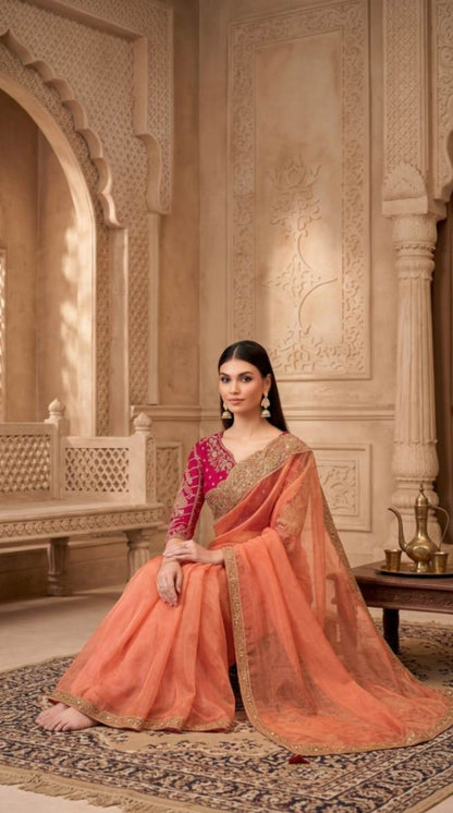 Peach Georgette Silk Saree with Brocade Designer Blouse Piece [ Export Quality ]
