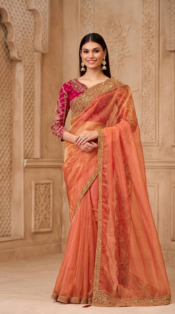 Peach Georgette Silk Saree with Brocade Designer Blouse Piece [ Export Quality ]