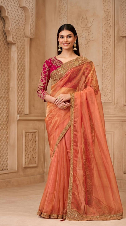 Peach Georgette Silk Saree with Brocade Designer Blouse Piece [ Export Quality ]