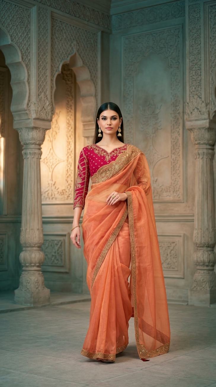 Peach Georgette Silk Saree with Brocade Designer Blouse Piece [ Export Quality ]
