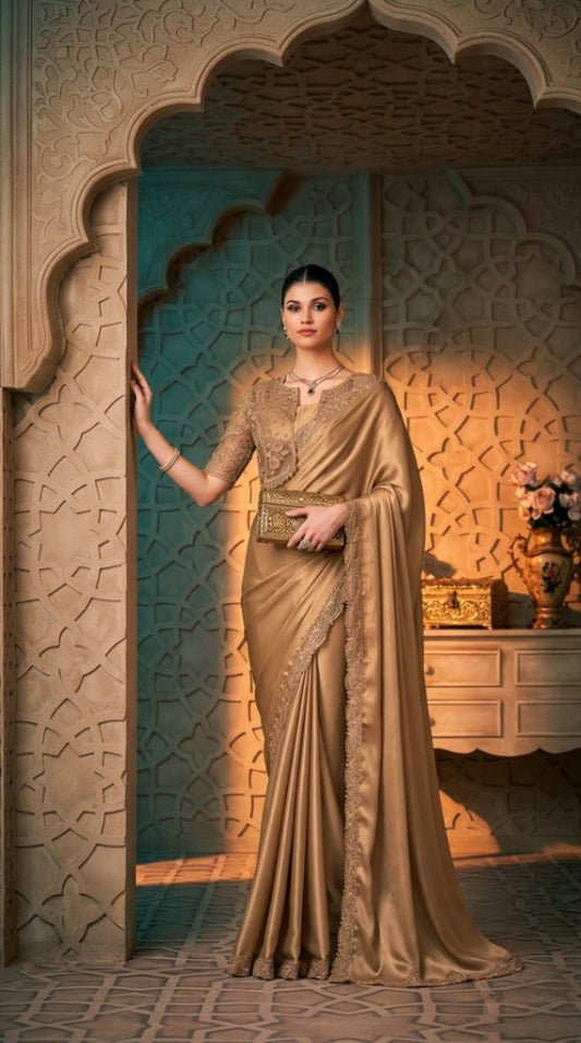 Golden Shimmer Satin Saree with Embroidered Designer Blouse Piece [ Export Quality ]