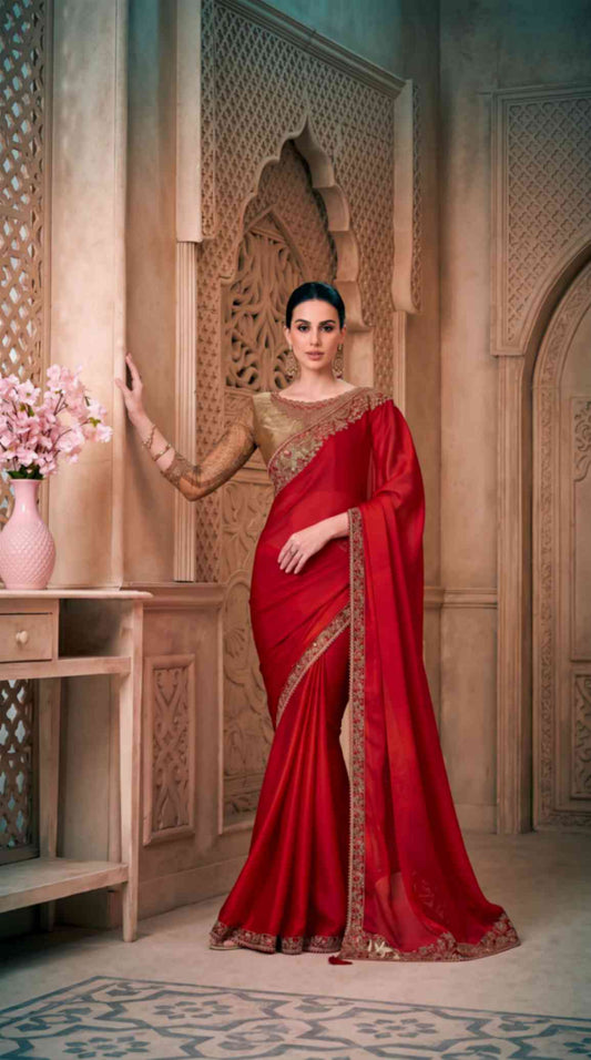 Ruby Red Satin Saree with Brocade Designer Blouse Piece [ Export Quality ]