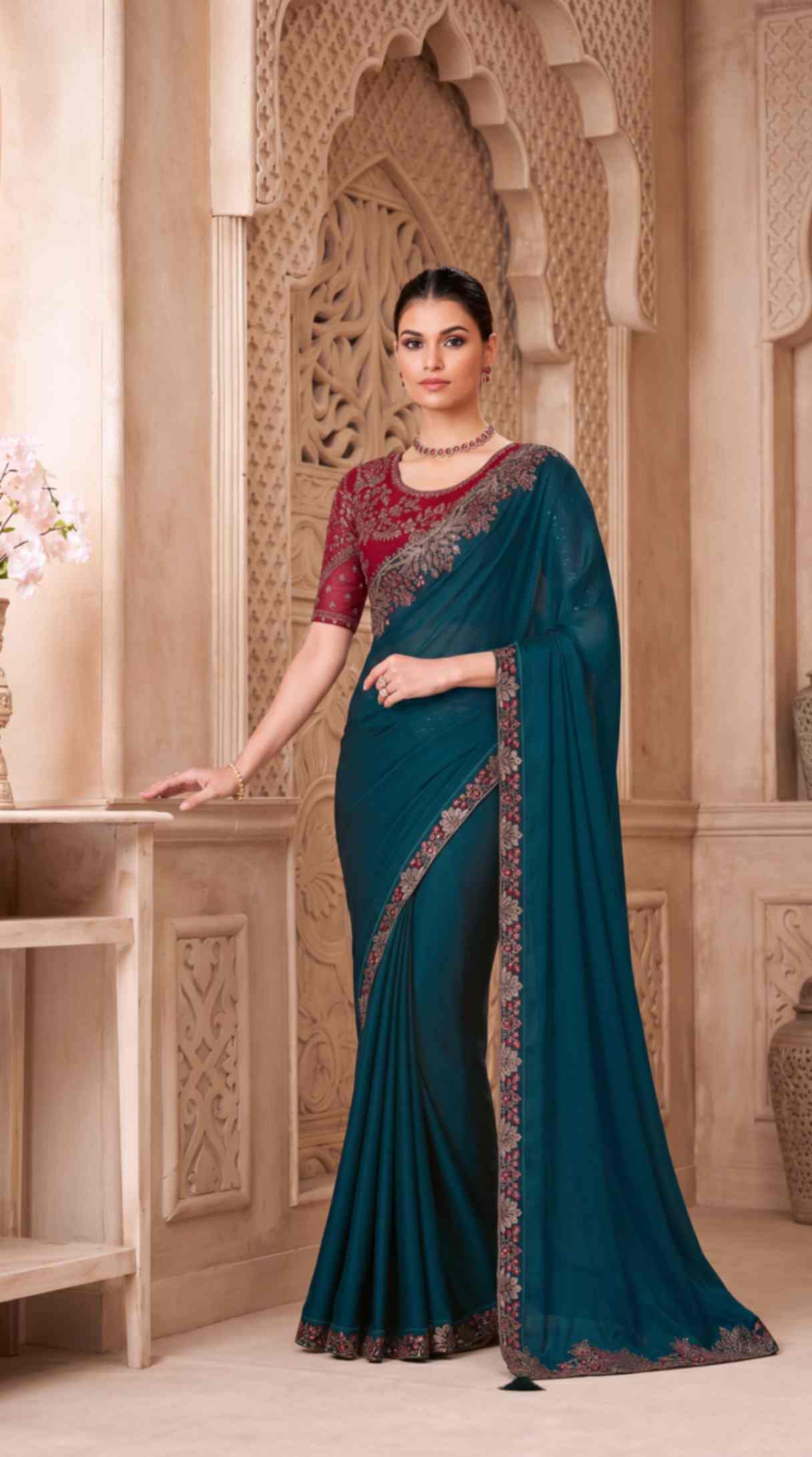 Emerald Teal Satin Georgette Saree with Embroidered Designer Blouse Piece [ Export Quality ]