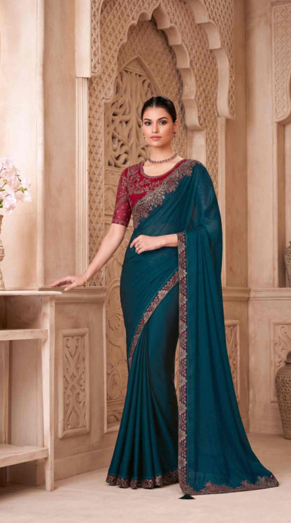 Emerald Teal Satin Georgette Saree with Embroidered Designer Blouse Piece [ Export Quality ]