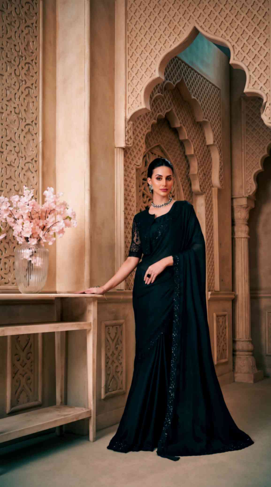 Black Satin Georgette Saree with Sequins Jacket Style Blouse Piece [ Export Quality ]