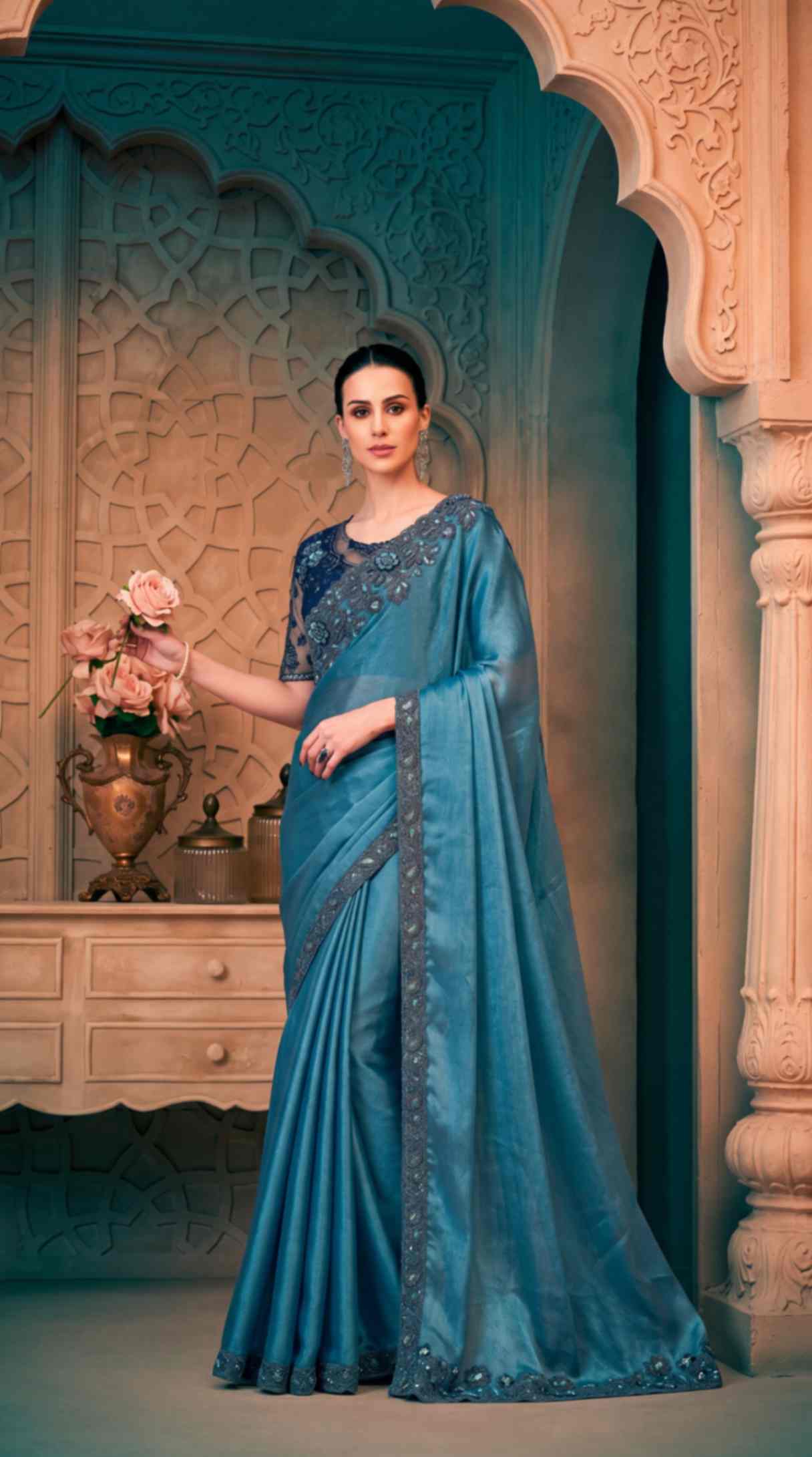 Dusty Blue Satin Crush Georgette Saree with Embroidered Designer Blouse Piece [ Export Quality ]