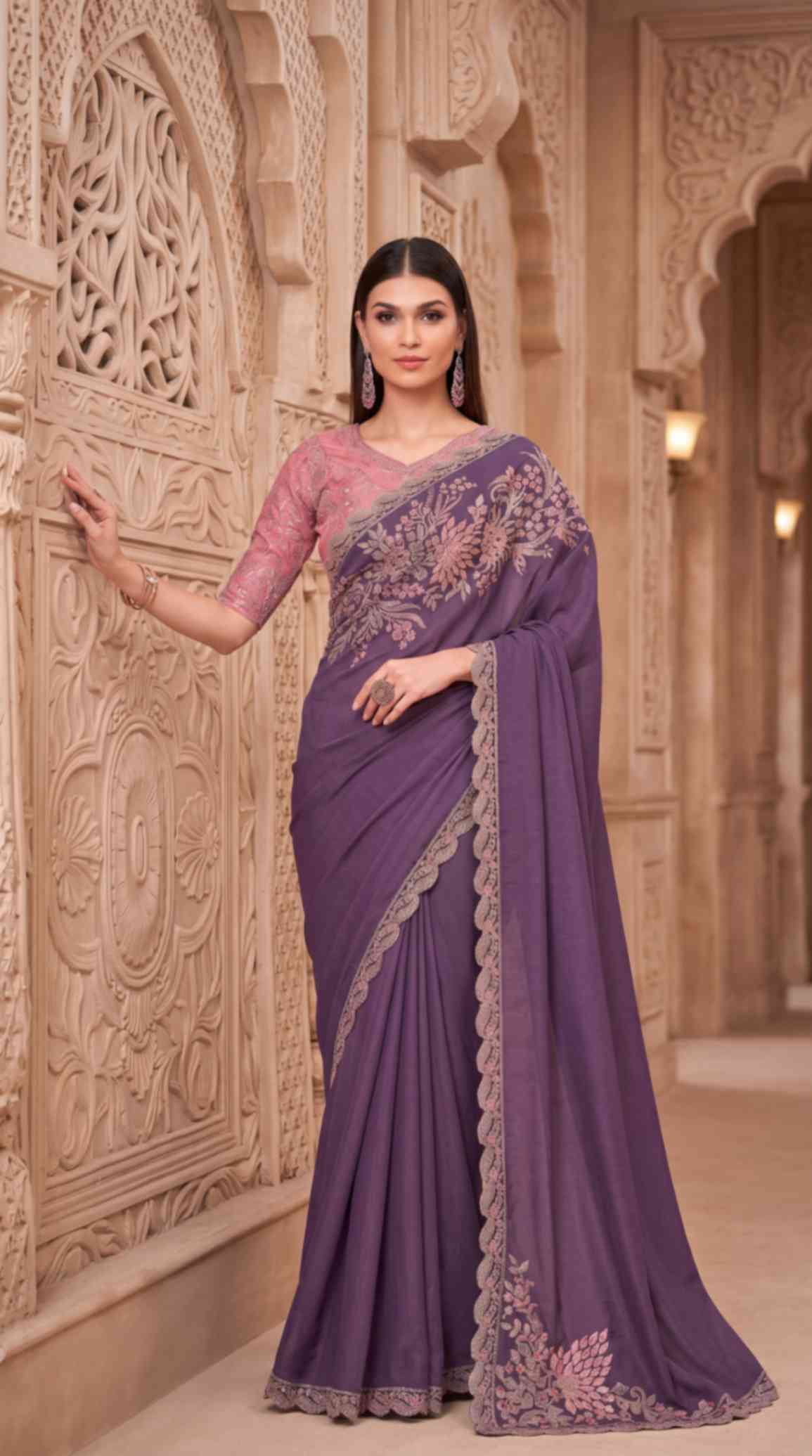 Royal Purple Soft Sparkle Georgette Saree with Embroidered Designer Blouse Piece [ Export Quality ]