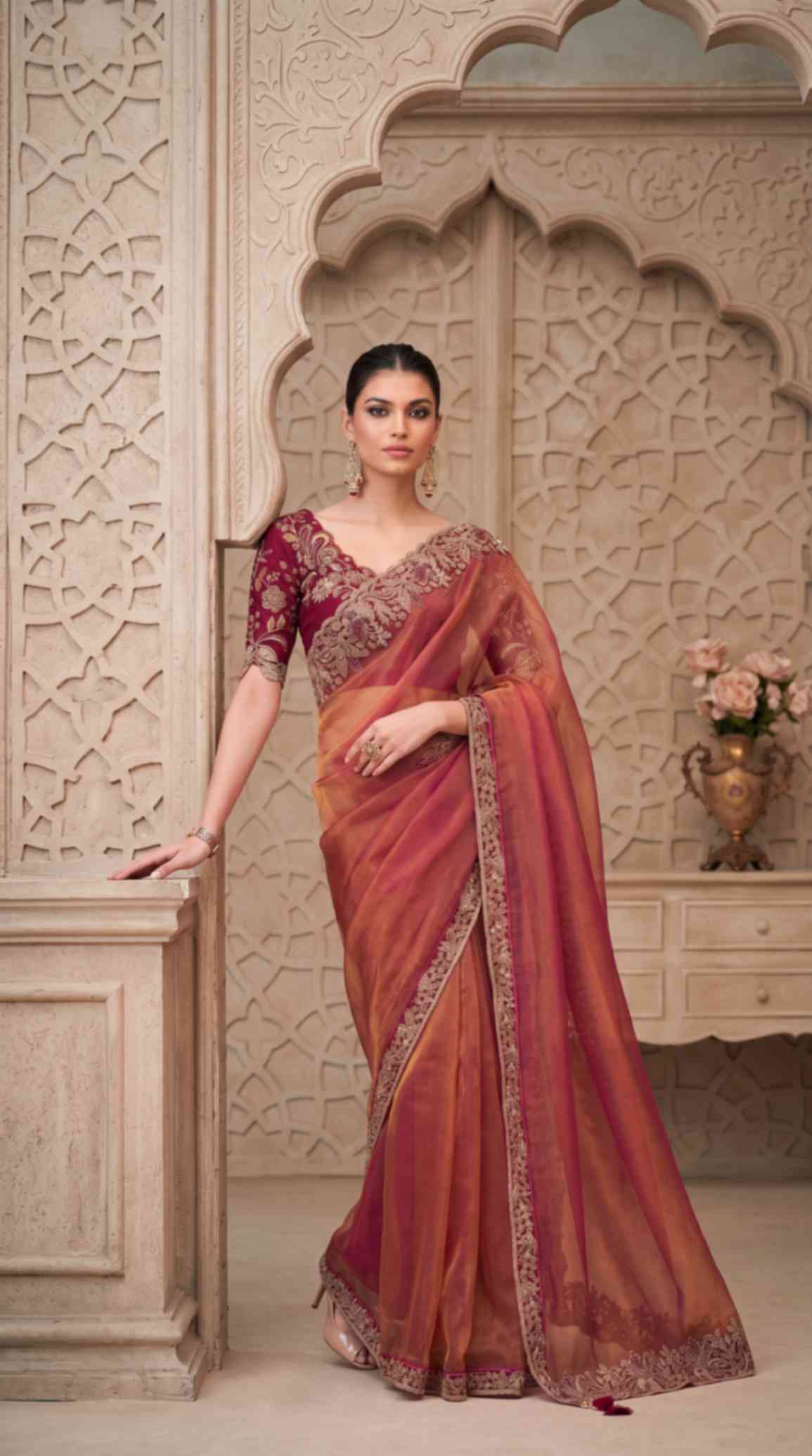 Rose Gold Shimmer Georgette Saree with Embroidered Designer Blouse Piece [ Export Quality ]
