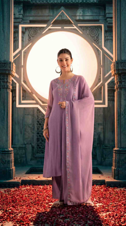 Lavender Mul Chanderi Embroidered 3 Pcs Punjabi Suit with Linings