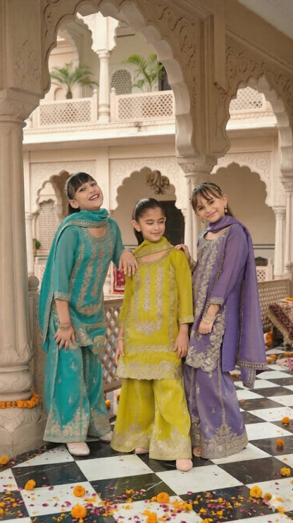 Kids Wear- Girls Shimer Silk Embroidered Sharara Suit Set with Dupatta [ Export Quality ]