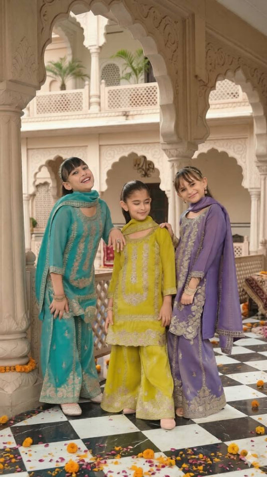 Kids Wear- Girls Shimer Silk Embroidered Sharara Suit Set with Dupatta [ Export Quality ]