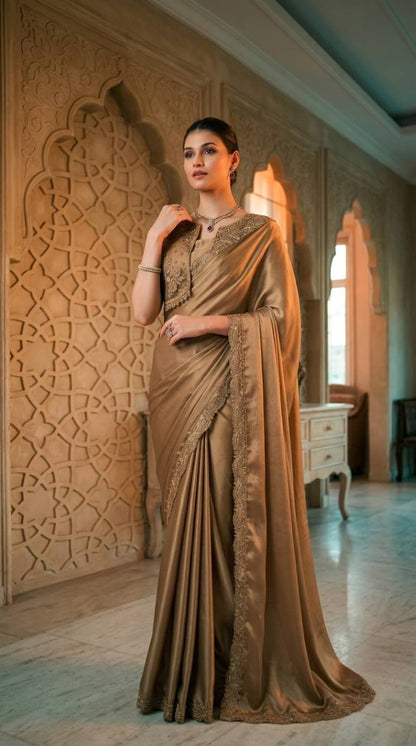 Golden Shimmer Satin Saree with Embroidered Designer Blouse Piece [ Export Quality ]