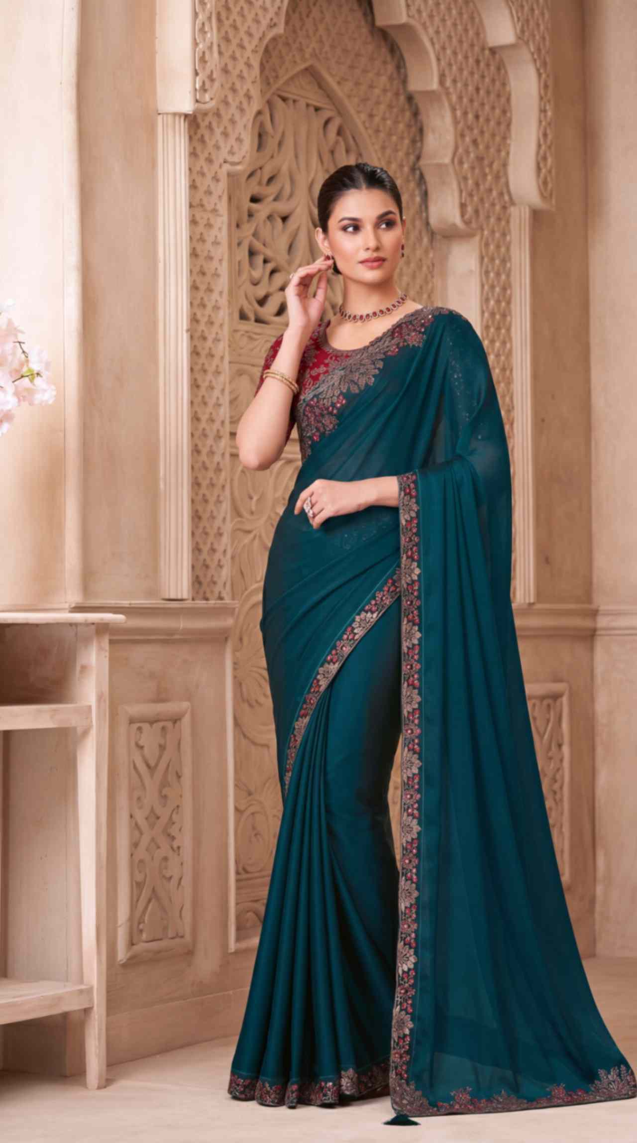 Emerald Teal Satin Georgette Saree with Embroidered Designer Blouse Piece [ Export Quality ]