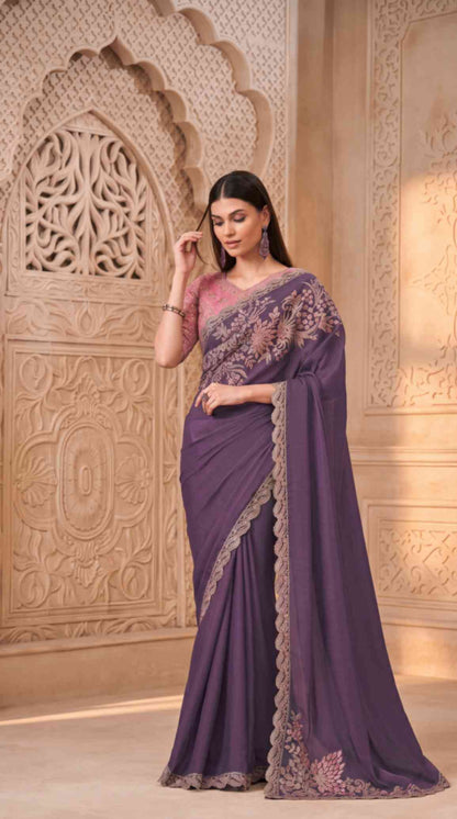 Royal Purple Soft Sparkle Georgette Saree with Embroidered Designer Blouse Piece [ Export Quality ]