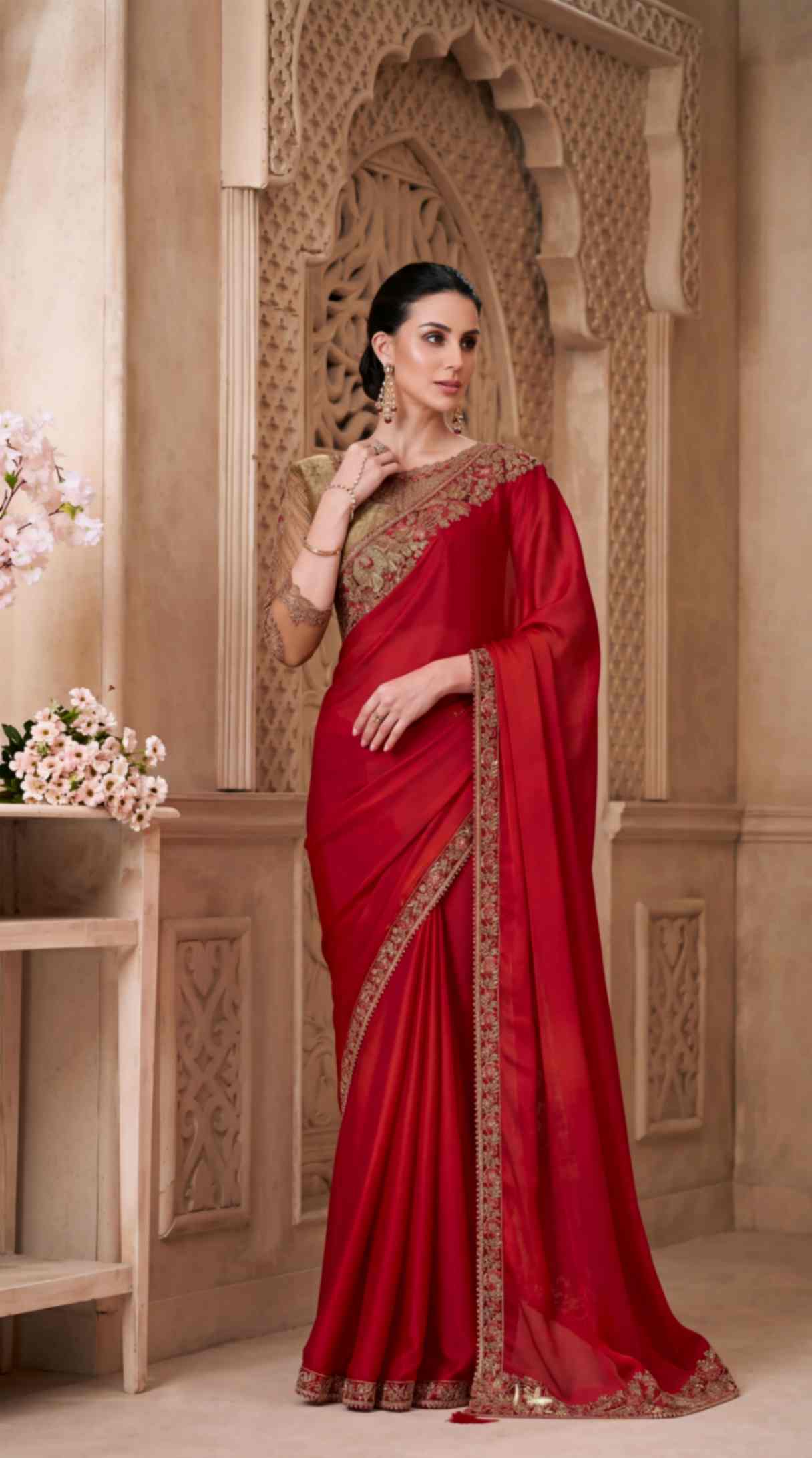 Ruby Red Satin Saree with Brocade Designer Blouse Piece [ Export Quality ]