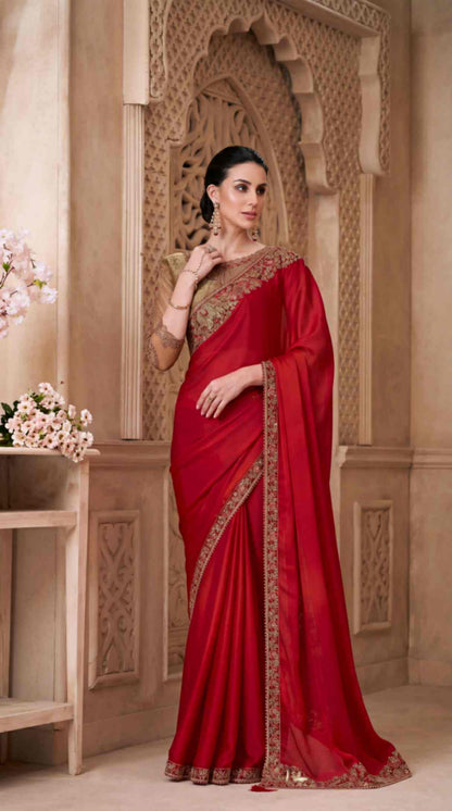 Ruby Red Satin Saree with Brocade Designer Blouse Piece [ Export Quality ]