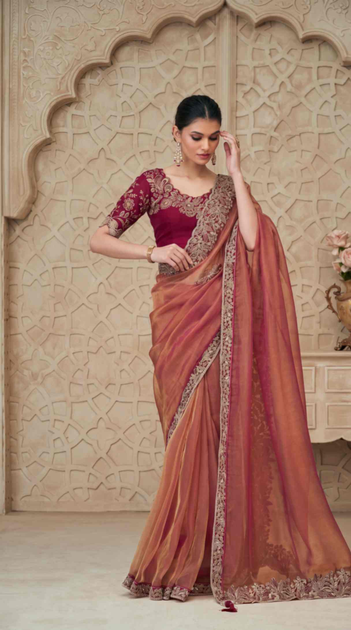 Rose Gold Shimmer Georgette Saree with Embroidered Designer Blouse Piece [ Export Quality ]