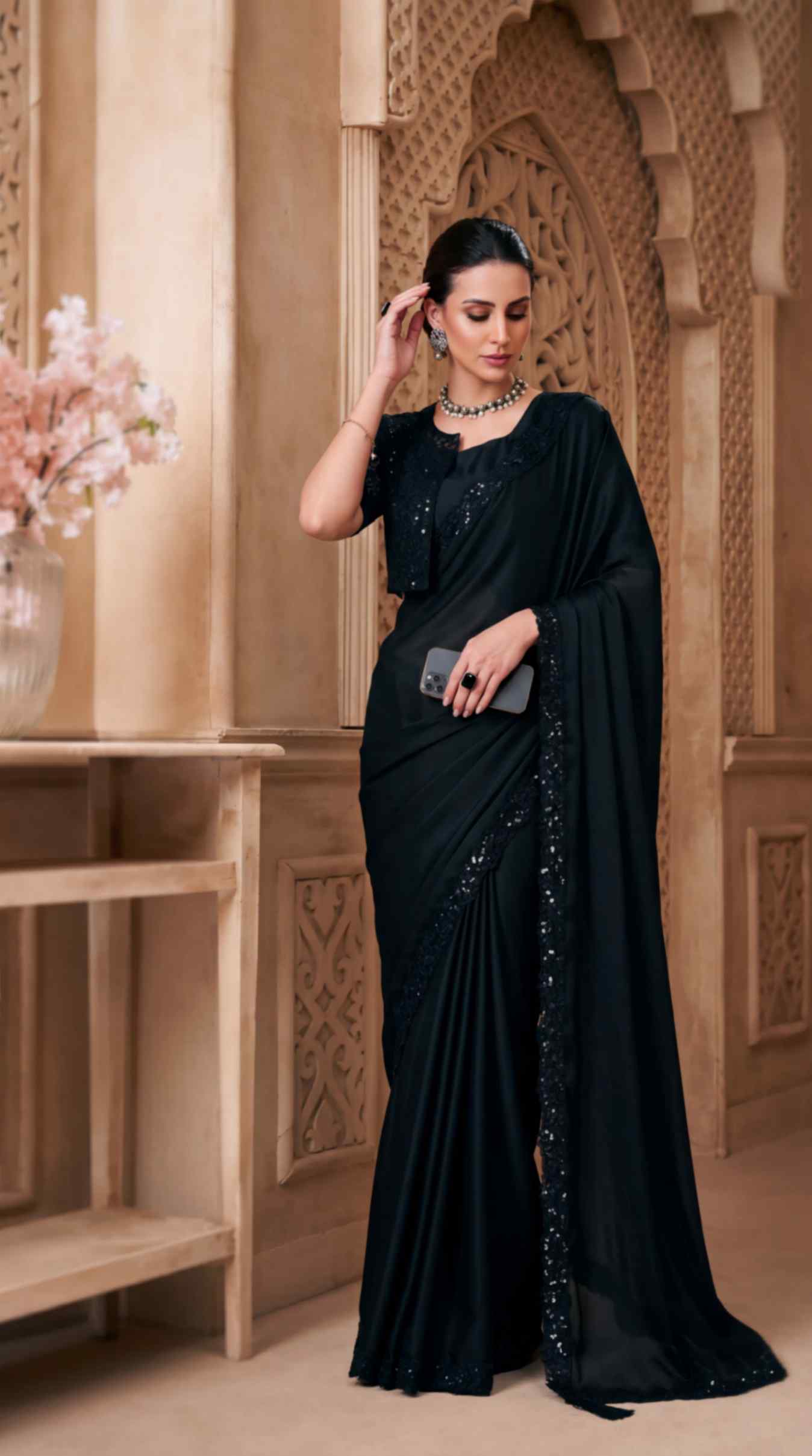 Black Satin Georgette Saree with Sequins Jacket Style Blouse Piece [ Export Quality ]